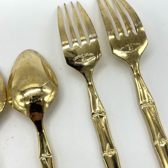 Lifetime Cutlery LC Stainless Gold Bamboo Design Flatware Lot Vintage 7 Pieces - Picture 9 of 11